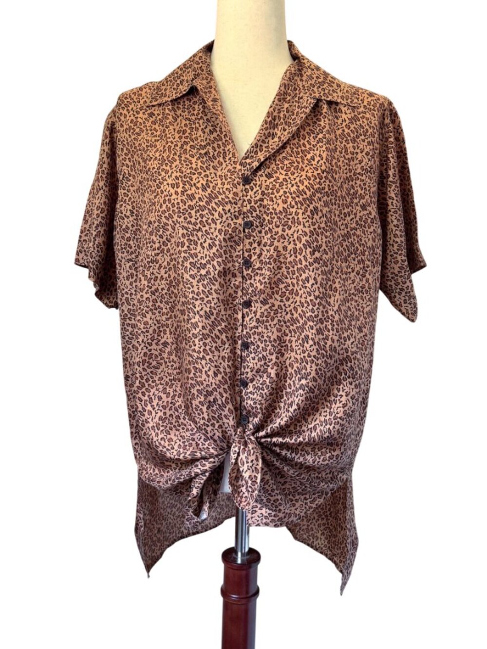 Bogari Studio 90s Silk Blouse Leopard Print Light Brown Oversized Sz Small